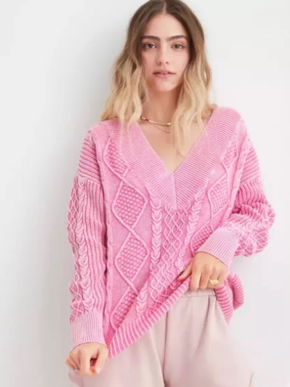 Aerie Chunky Cable Knit V-Neck Cozy Sweater Womens Xs Pink Cotton Relaxed Fit